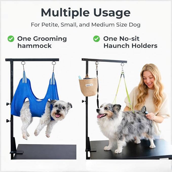 Adjustable Dog Grooming Arm with Clamp, Small Dog Sling for Nail Trimming Hammock, No-Sit Haunch Holder Leash Loops, De-Shedding Glove, Tool Hanging Hooks, Table Clamps - Full Pet Grooming Kit