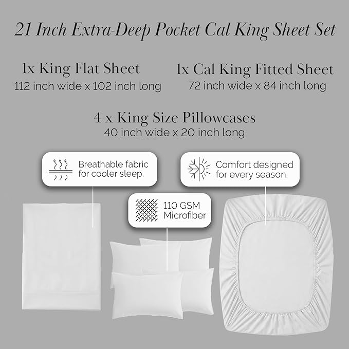 Southshore Fine Living, Inc. 6-Piece, 21-Inch Extra Deep Pocket Cal King Sheet Set, Pet Hair Resistant White California King Sheets w/Pillow Cases Set of 4, Easy Care Microfiber, White Sheets