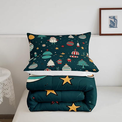 Erosebridal Merry Christmas King Comforter Cartoon Snowman Bedding Set for Child Toddler Dark Green Duvet Insert Sparkling Stars Bed Set Xmas Tree Quilted Duvet Soft Cozy Home Decorative 3 Piece