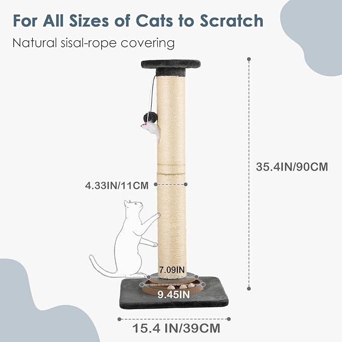 Tall Cat Scratching Post, Thick Sisal Scratcher with Heavy Sturdy Base & Interactive Toys for Indoor Cats