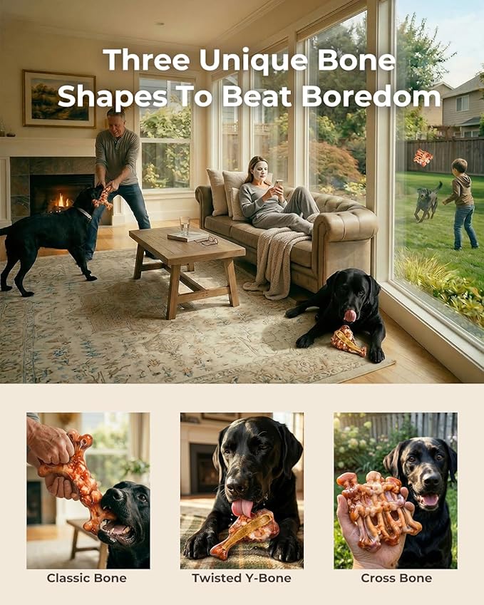 3 Pack Dog Toys for Aggressive Chewers - Tough Durable Nylon Chew Toys Bacon Flavored for Large Dogs 20-90lbs