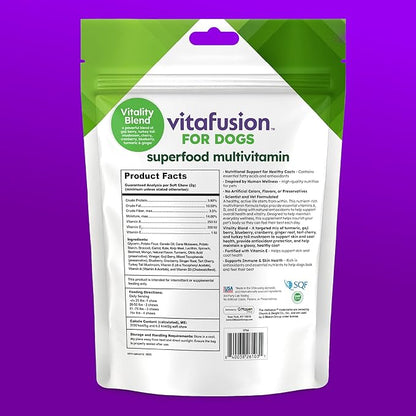 VitaFusion for Dogs Superfood Multivitamin – Daily Immune, Skin & Bone Support with Vitamins A, D & E + Antioxidant Superfoods – Vet Formulated Wellness for Puppies to Senior Dogs, 120 Chews.