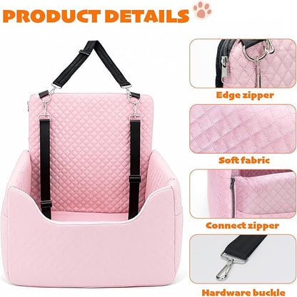 ALL GOOD PET SUPPLIES Dog Car Seat for Small/Medium Dogs Under 35lbs, Soft Booster Car Seat with Detachable Washable Cover and Cushion, Puppy Dog Car Bed, Pink