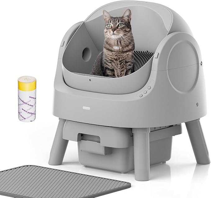Mimfam Automatic Self Cleaning Litter Box, with 4 Pairs Infrared Senor, Open-Top Design for Multi-Cat Homes, Comes with Liner Bags and Cat Litter Mat, Grey