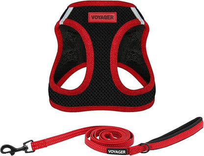 Best Pet Supplies Voyager Step-in Air All Weather Mesh Harness and Reflective Dog 5ft Leash Combo with Neoprene Handle, for Small, Medium and Large Breed Puppies - Set (Red Trim), X-Small