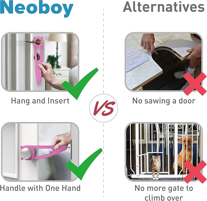 Cat Door Latch with Stabilizer, 7 Sizes Adjustable Cat Door Holder Latch to Keep Dog Out of Litter Box, No-Drill Alternative of Pet Gates and Interior Pet Door, Pink, 4 Packs