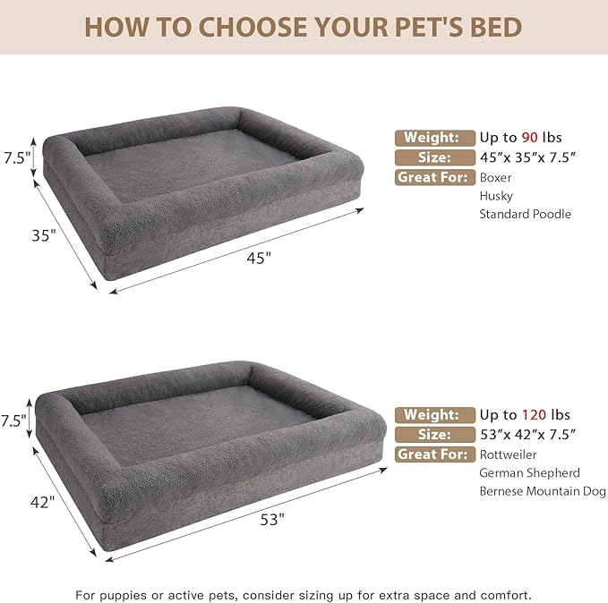 RRPETHOME Washable Dog Beds Large Sized Dogs, Extra Large Orthopedic Dog Beds with Removable Cover, Waterproof Pet Bed with Bolsters, Big Dogs Couch Bed with Non Slip Bottom, Grey