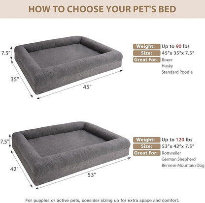 RRPETHOME Washable Dog Beds Large Sized Dogs, Extra Large Orthopedic Dog Beds with Removable Cover, Waterproof Pet Bed with Bolsters, Big Dogs Couch Bed with Non Slip Bottom, Grey