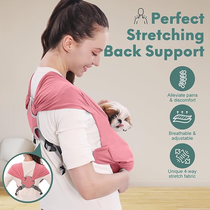 Supet Dog Sling Carrier for Small Pets, Hands Free Cat Sling, Reducing Back Neck Pain Anti-Anxiety Puppy Front, Adjustable Soft Dog Carrying (Pink, Plus 7-15 Lbs)