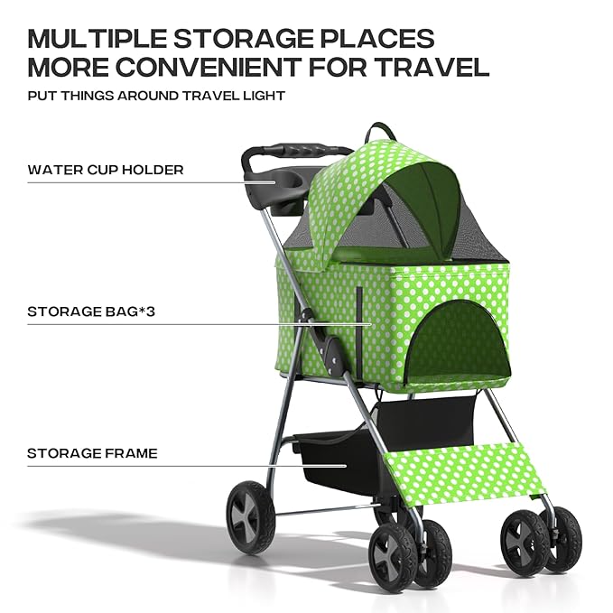 3-in-1 Visible Foldable Pet Carrier, Detachable Car Seat and Stroller with Push Button Entry for Small Pets, Cat Dog Carrier for Medium Dogs Cats, Load Up to 33 lbs, Green Polka Dots