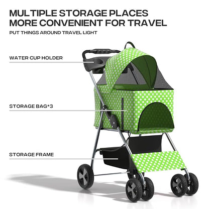 3-in-1 Visible Foldable Pet Carrier, Detachable Car Seat and Stroller with Push Button Entry for Small Pets, Cat Dog Carrier for Medium Dogs Cats, Load Up to 33 lbs, Green Polka Dots