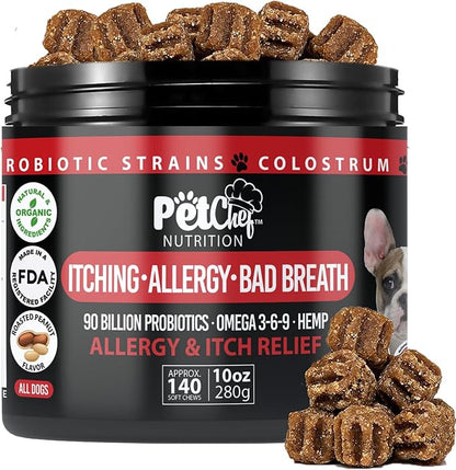 Pet Chef Dog Allergy Chews 140 Soft Chews with Salmon Oil, Omega 3 & Probiotics Natural Supplement for Itch Relief, Immune Support & Healthy Skin & Coat (Peanut Butter)