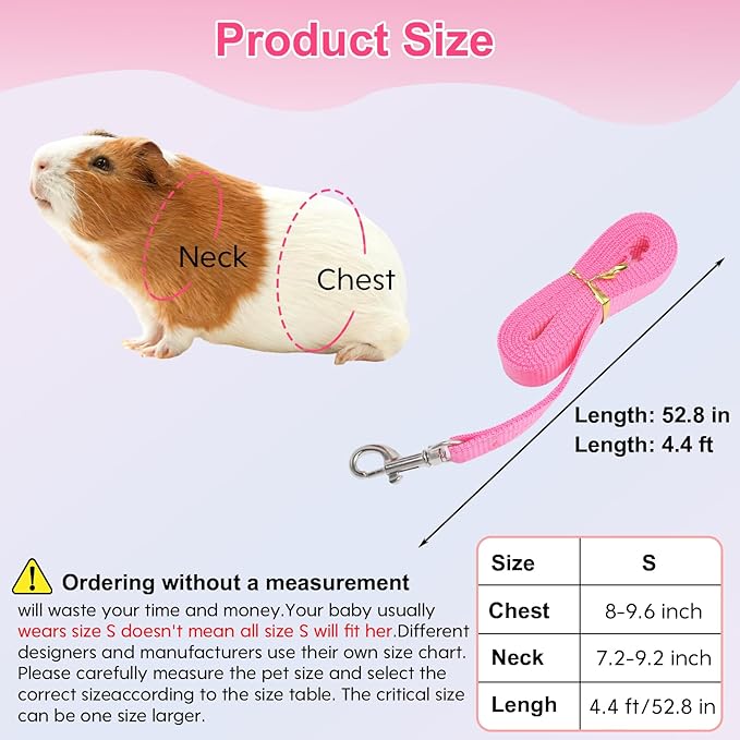Guinea Pig Harness and Leash，2packs Guinea Pig Clothes Baby Ferret Rats Hamster Soft Mesh Harness Leash for Decoration，Hamster Harness can be Adjusted to Any Size. (Pink + Purple)
