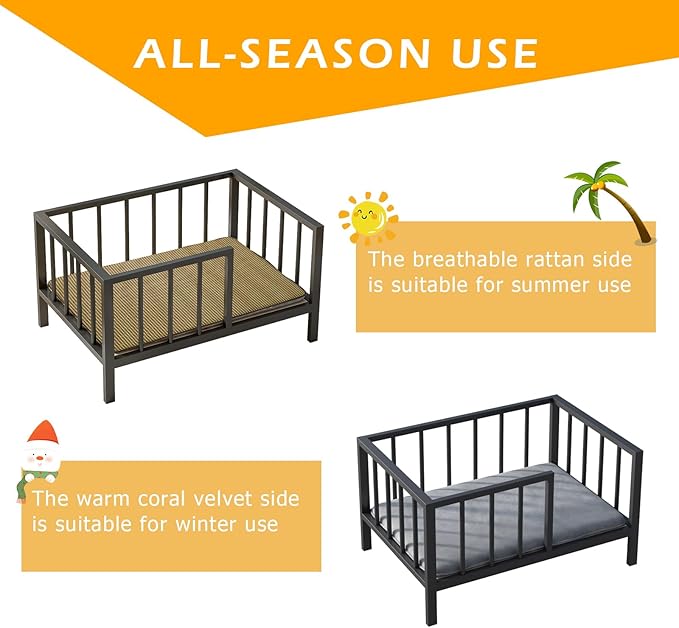 OSCHF Dog Bed with Rails - Elevated Pet Metal Bed Frame with Solid Wood Board and Washable Soft Mat for Small Dog Indoor or Outdoor Use, 21.3" x 30", Black