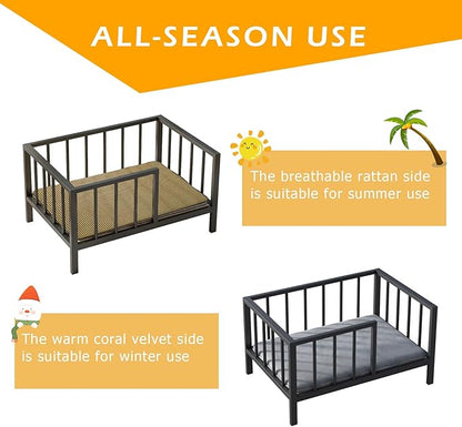 OSCHF Dog Bed with Rails - Elevated Pet Metal Bed Frame with Solid Wood Board and Washable Soft Mat for Small Dog Indoor or Outdoor Use, 21.3" x 30", Black