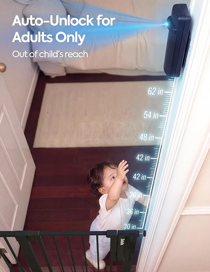 Babelio Smart Baby Gate with Auto-Unlock/Close, Pressure Mounted No Drill for Doorways/Top of Stairs. Pet/Dog Door Wide Walk Thru w/Infrared Sensor & Instant Safety Alert (Black, 30.3-47.2" W, 30" H)