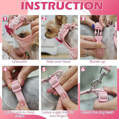 EXPAWLORER Cute Dog Harness, Pink Girl Adjustable No Pull Vest Harness and Leash Set, Soft Padded Step in Wedding Attire Suit Dress Costume with Bow Tie for Puppy Small Medium Female Dogs, X-Small