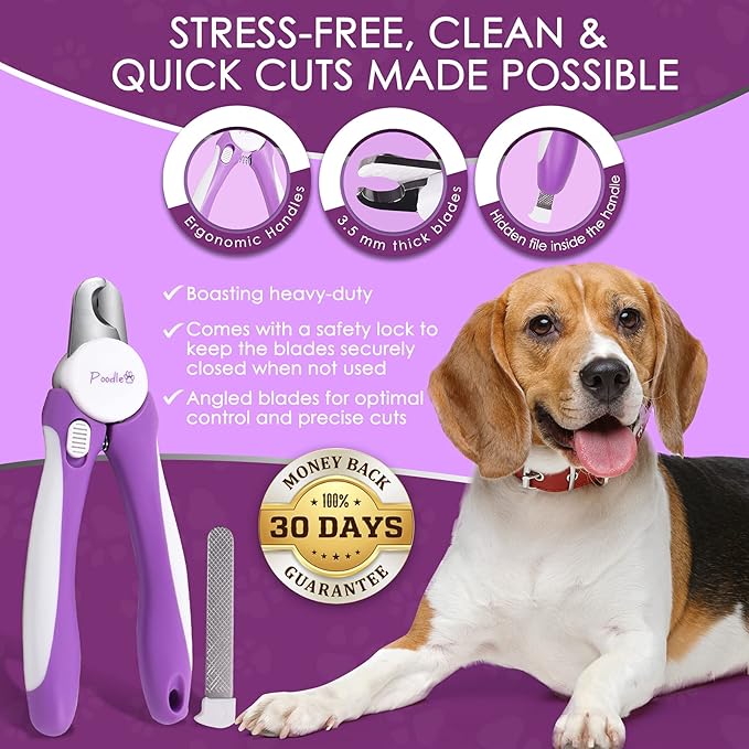Professional Nail Clippers with Safety Guard for Dogs & Cats By Poodle Pet- Pet Grooming Clippers with Stainless Steel Blades for Smooth Cuts- Dog Nail Trimmers with Hidden File for Large Dogs