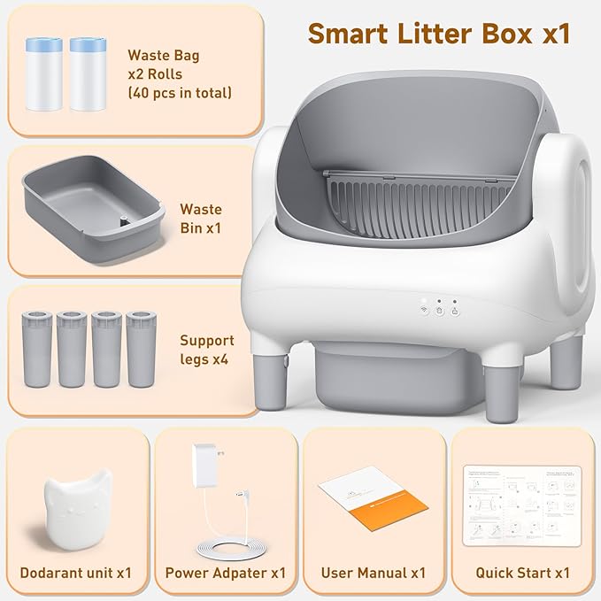 Automatic Cat Litter Box,Self Cleaning Litter Box for Multiple Cats with Open Top Design,App Control, Safety Protection,Ultra-Quiet,Easy Setup,Light Gray