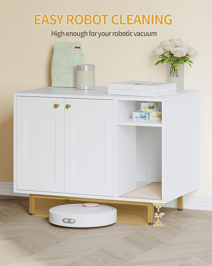 Hzuaneri Cat Litter Box Enclosure Enclosed, Hidden Litter Box Cabinet Furniture with Storage, Wooden Indoor Cat House Large, Modern End Table for Living Room Entryway, White and Gold 01503GCLB