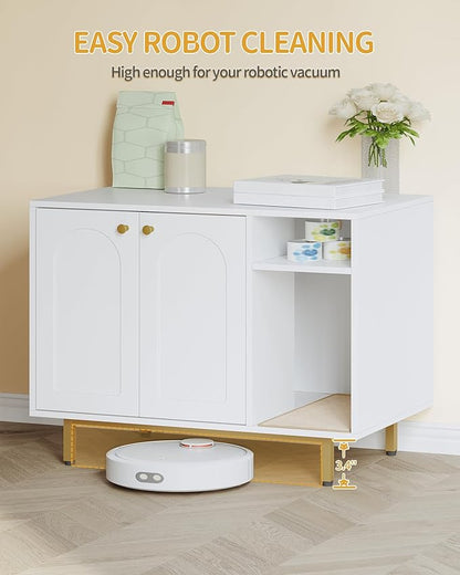 Hzuaneri Cat Litter Box Enclosure Enclosed, Hidden Litter Box Cabinet Furniture with Storage, Wooden Indoor Cat House Large, Modern End Table for Living Room Entryway, White and Gold 01503GCLB