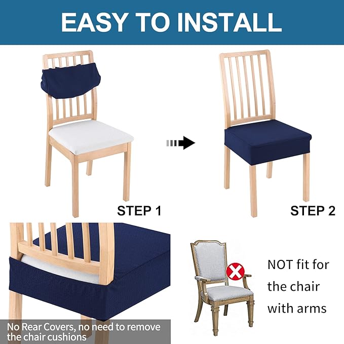 Smiry Waterproof Seat Covers for Dining Room Chairs Set of 6, Stretch Jacquard Removable Washable Chair Seat Slipcovers Protector, No Rear Covers, Federal Blue