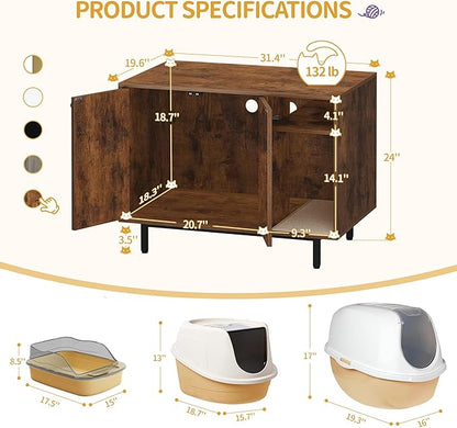 Hzuaneri Cat Litter Box Enclosure Enclosed, Hidden Litter Box Cabinet Furniture with Storage, Wooden Indoor Cat House Large, Modern End Table for Living Room Entryway, Rustic Brown and Black CB01501B