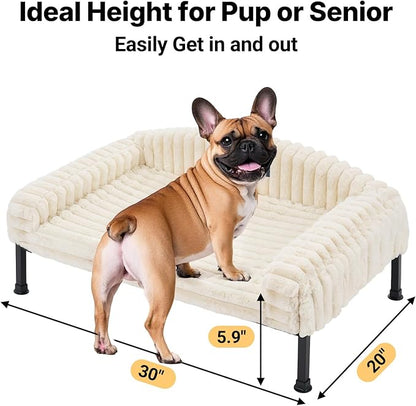 Veehoo Elevated Dog Bed with Bolster Cushion, Fluffy Plush Dog Couch Beds for Small Dogs, Cats, Washable Raised Pet Cot with Non-Slip Feet for Indoor or Patios Use, 30 x 20 Inches, White