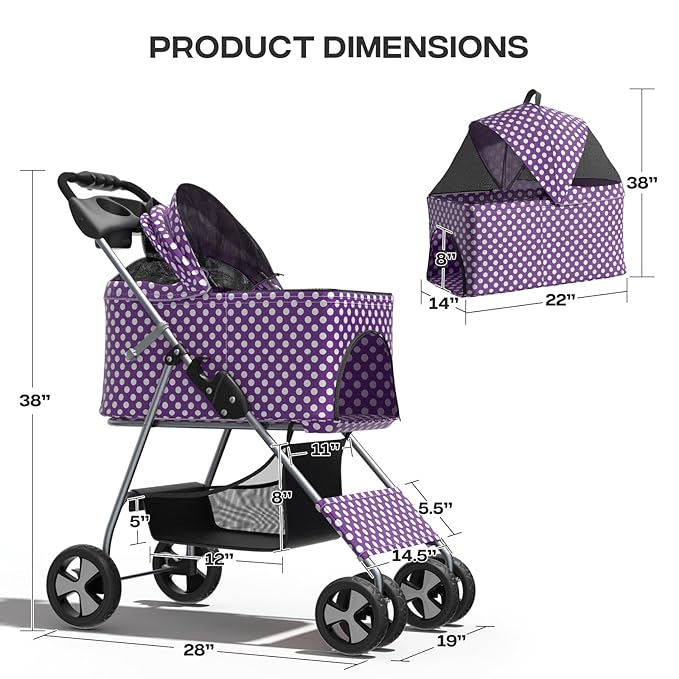 3-in-1 Visible Foldable Pet Detachable Carrier, Car Seat and Stroller with Push Button Entry for Small Pets, Cat Dog Stroller for Medium Dogs Cats Load Up to 33 lbs, Purple Polka Dots
