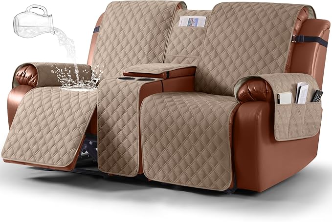 Ruaozz Waterproof Loveseat Recliner Cover with Console Non-Slip Reclining Couch Covers Split Sofa Slipcovers with Elastic Straps Furniture Protector for Kids, Dogs, Pets (Light Brown, 2 Seater)