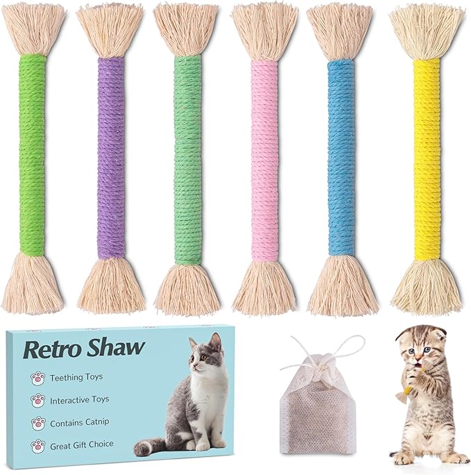 Retro Shaw Cat Toys Chew Ropes with Catnip, 6 Pack, Safe Teeth Cleaning Kitten Toys for Indoor Cats Kitty, Cat Nip Kicker Interactive Pet Toys 6.1 Inches