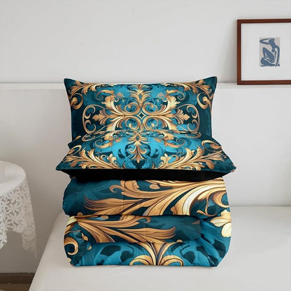 Erosebridal Hippie Damask Print Bedding Set Queen Size, Flowers Vintage Fashion Comforter Set for Women Men Adults, Exotic Aztec Boho Paisley Duvet Insert, Fashion Victorian Baroque Quilt