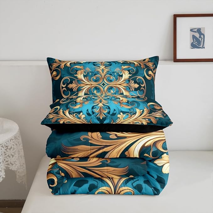 Erosebridal Hippie Damask Print Bedding Set Twin Size, Flowers Vintage Fashion Comforter Set for Women Men Adults, Exotic Aztec Boho Paisley Duvet Insert, Fashion Victorian Baroque Quilt