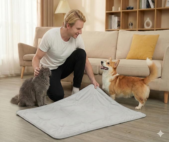 Self Cooling Mat for Dogs & Cats, 35x23 Soft Breathable Cold Crate Pad for Pet, Portable Washable Kennel Bed for Outdoor Summer with Non-Slip Bottom and Chill Cool Fiber, Light Gray