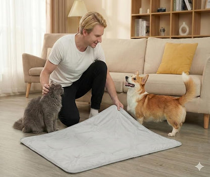 Self Cooling Mat for Dogs & Cats, 31x28.5 Soft Breathable Cold Crate Pad for Pet, Portable Washable Kennel Bed for Outdoor Summer with Non-Slip Bottom and Chill Cool Fiber, Light Gray