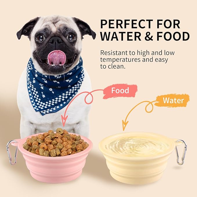 Collapsible Dog Bowls 2-Pack, Portable Travel Dog Bowl with Carabiner, Food-Grade Silicone Pet Bowl for Hiking, Walking (Macaron Pink and Yellow)