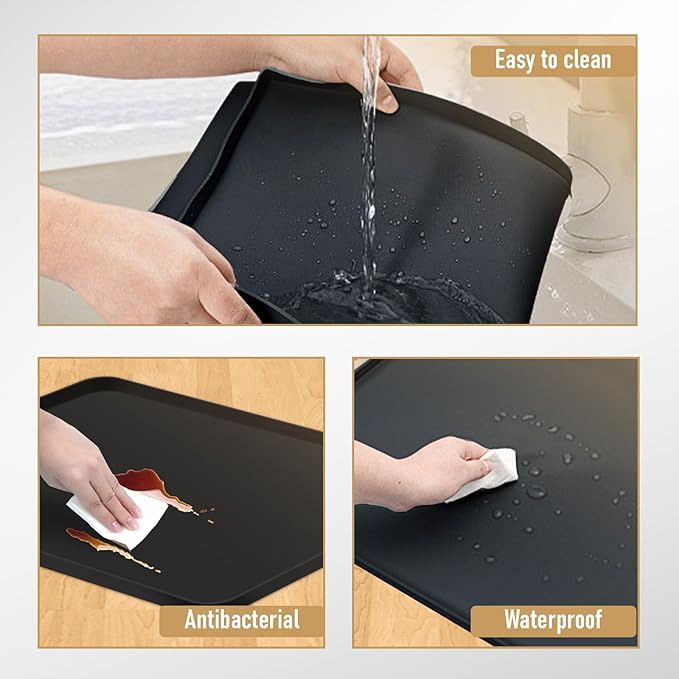 24x16x0.8 Inch Waterproof Water Cooler Mat with Raised Edge - Non-Slip Spill Drip Tray for Cooler Dispensers, Easy to Clean Mat for Floor & Countertop Protection in Kitchen, Office, Bedroom (Black)