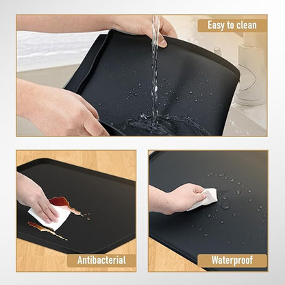 24x16x0.8 Inch Waterproof Water Cooler Mat with Raised Edge - Non-Slip Spill Drip Tray for Cooler Dispensers, Easy to Clean Mat for Floor & Countertop Protection in Kitchen, Office, Bedroom (Black)