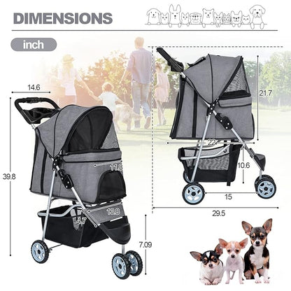BestPet Pet Stroller Dog Cat Jogger Stroller for Medium Small Dogs Cats Folding Lightweight Travel Stroller with Cup Holder (Grey, 3 Wheels)