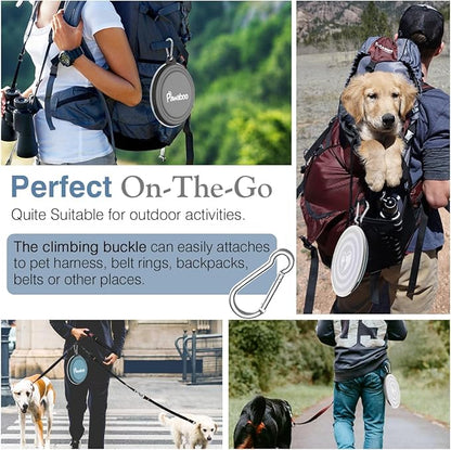 Pawaboo Collapsible Dog Bowls 2 Pack, Silicone Feeding Watering Bowls with Lids & Carabiners for Dogs Cats, Portable Water Feeder Food Bowl for Walking Traveling Home Use, Blue + Grey