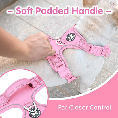 PoyPet No Pull Dog Harness and 5 Feet Leash Set, Release on Neck Reflective Adjustable Pet Vest, Front & Back 2 D-Ring and Soft Padded Pet Harness with Handle for Small to Large Dogs(Pink,S)