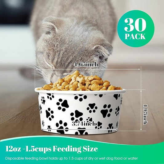 Potchen 30 Pieces Disposable Dog Bowls 12 oz Small Pet Feeding with Printed Pattern Dishes for Small Pet Paper Food Travel Bowls for Feeding Dogs and Cats Puppies Dry Wet Food Water