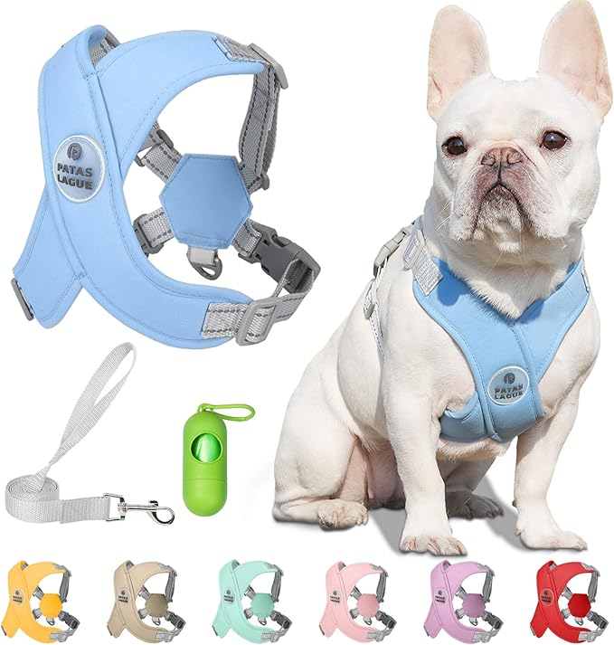 Patas Lague Dog Harness with Leash Set Adjustable Soft Padded Step-in Dog Vest No Choke No Pull Reflective for Small Medium Pets with Poop Bags and Dispenser, Solid and No-chew, Blue S