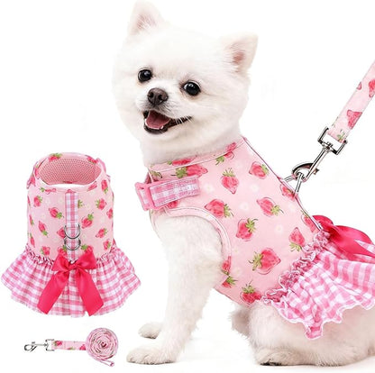 EXPAWLORER Dog Harness Small Medium Sized Dogs, Plaid Dog Dress Bowknot Harness and Leash Set, No Choke No Pull Soft Mesh Vest Cute Princess Puppy Outfits Clothes Costume for Girls Party Cats Pink XS