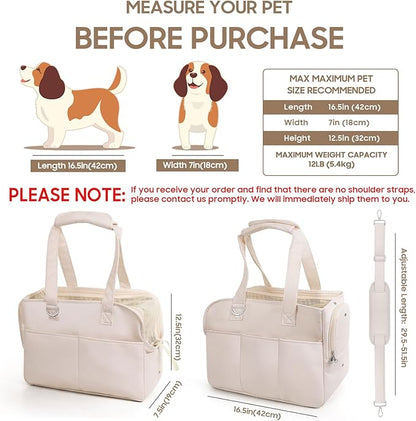 JourCraf Dog Purse Carrier for Small Dogs & Puppies Up 12 Lbs, Soft Cotton Tote Pet Shoulder Bag with Pockets, Foldable & Washable Breathable Puppy Carrier for Yorkie, Chihuahua & Cats - Beige