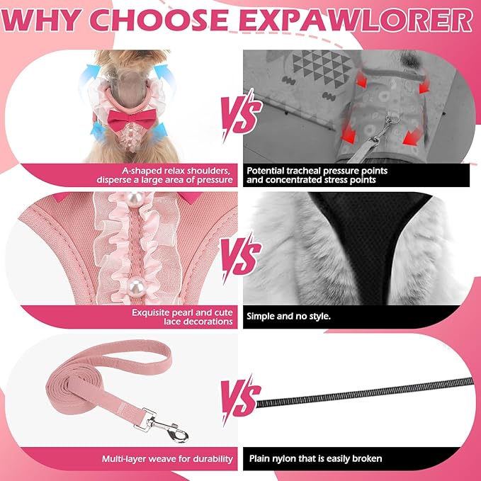 EXPAWLORER Cute Dog Harness, Pink Girl Adjustable No Pull Vest Harness and Leash Set, Soft Padded Step in Wedding Attire Suit Dress Costume with Bow Tie for Puppy Small Medium Female Dogs, Medium