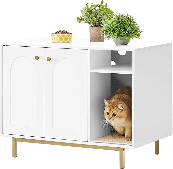 Hzuaneri Cat Litter Box Enclosure Enclosed, Hidden Litter Box Cabinet Furniture with Storage, Wooden Indoor Cat House Large, Modern End Table for Living Room Entryway, White and Gold 01503GCLB