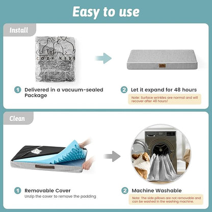 COZY KISS Cooling Dog Bed for Crate, Waterproof Dog Crate Mat with Removable Washable Cover, Orthopedic Egg Crate Foam Support, Dog Crate Bed 29x18x3 Inch,Silver Grey