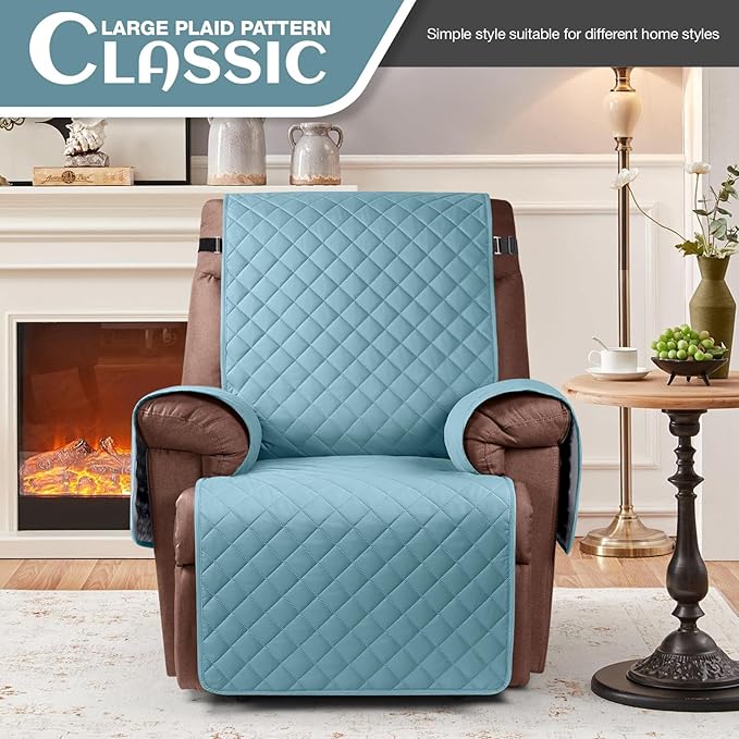 KinCam 100% Waterproof Recliner Chair Cover, Reclining Couch Covers for Pets, Dogs, Recliner Couch Slipcover Furniture Protector with Elastic Straps for Kids(28", Light Blue)
