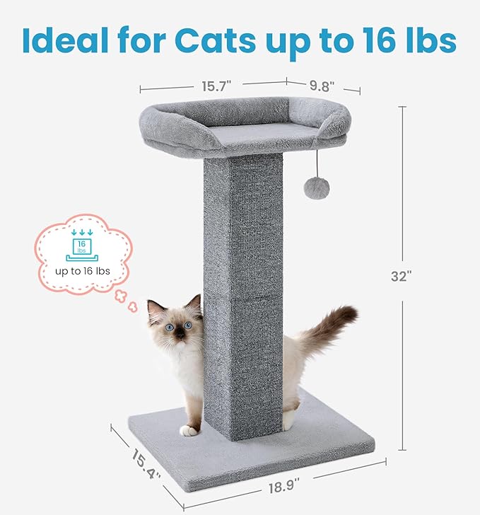 Made4Pets Cat Scratching Post with Bed, 32'' Modern Cat Scratcher with Top Plush Cat Bed, Tall Cat Scratch Post for Indoor Cats, Heavy-Duty Carpet Scratching Post with Hanging Ball Toy, Grey